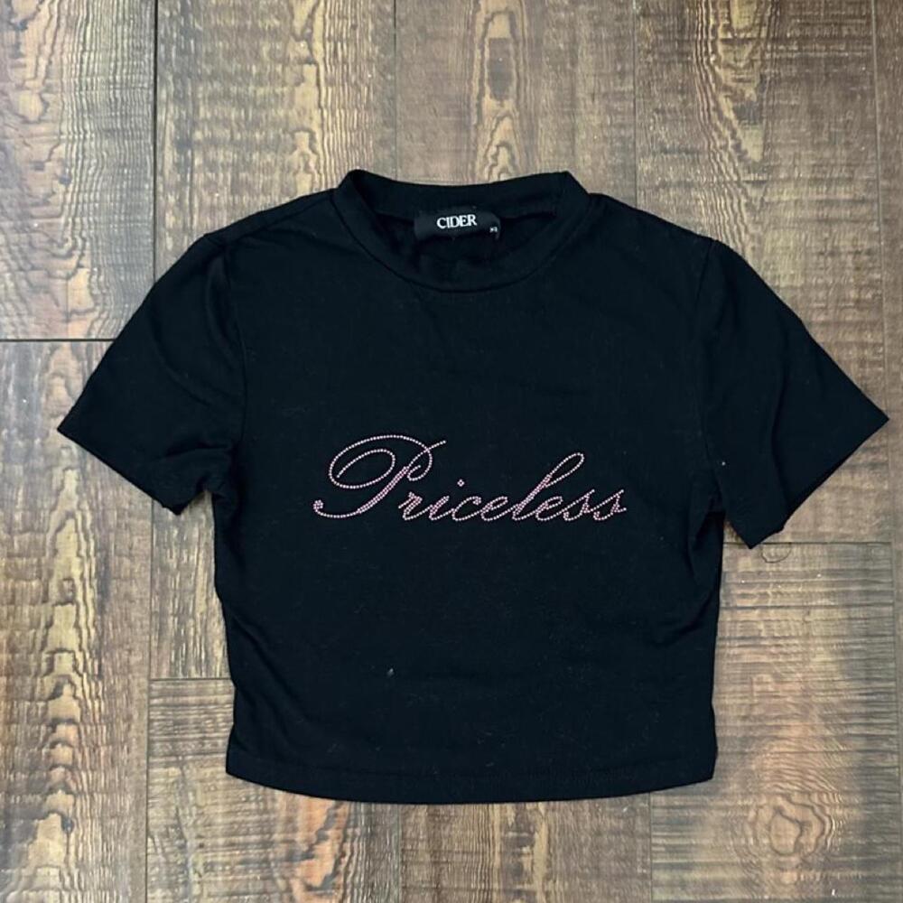 Cider black crop top with pink stone cursive 'Priceless' text, size XS